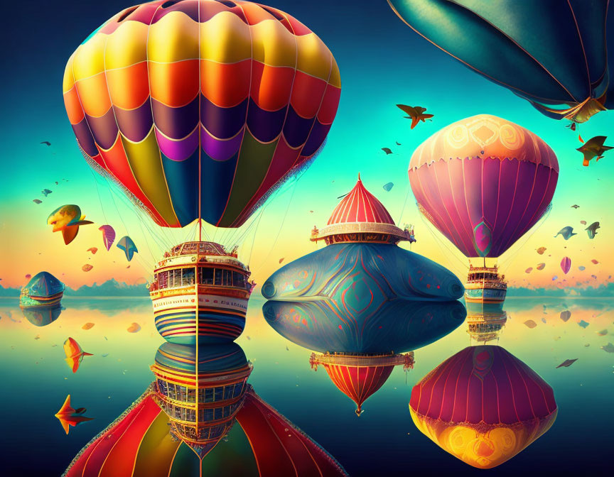 Colorful hot air balloons over calm water under pastel sky with leaves and birds