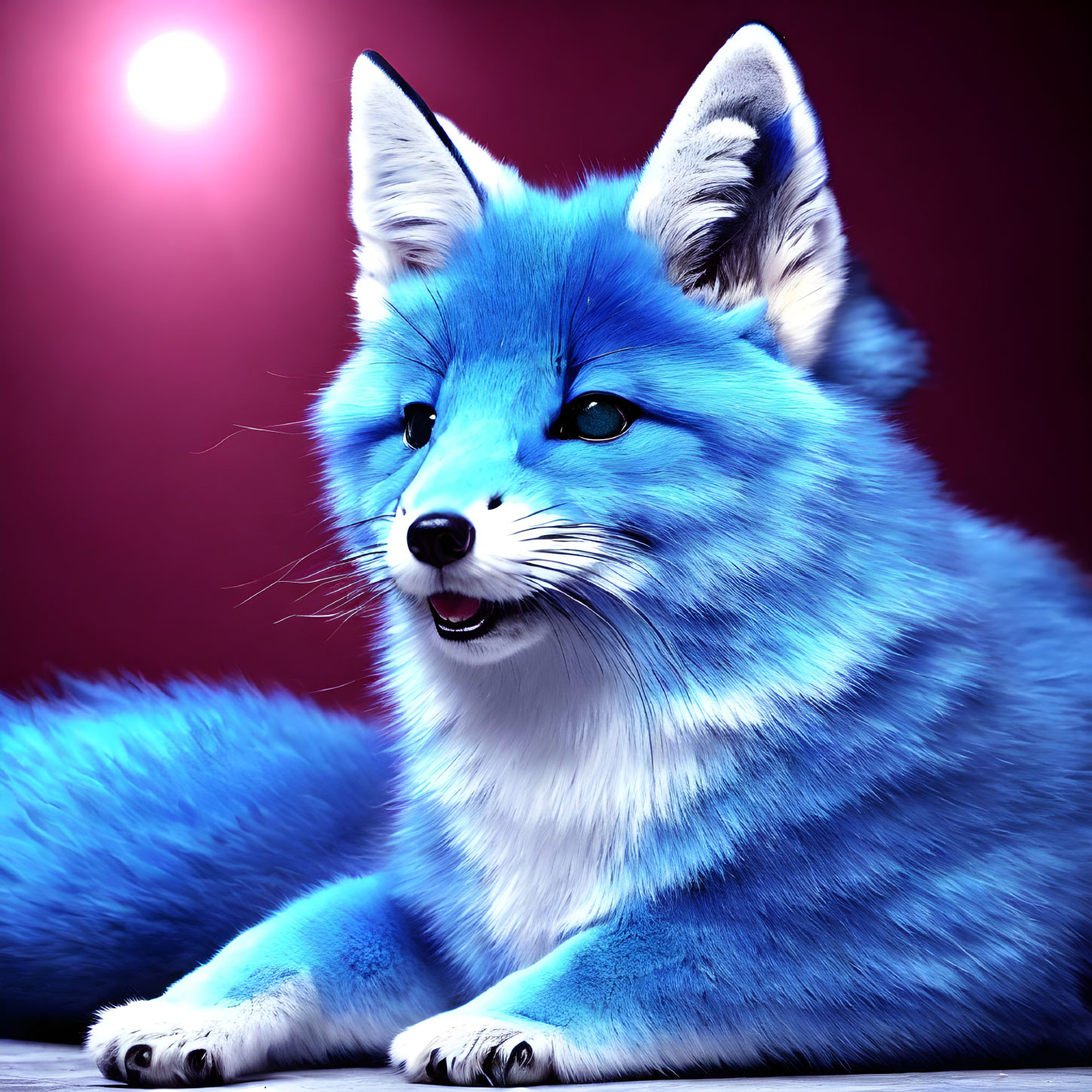 Blue fox with fluffy fur against crimson backdrop and shining orb above