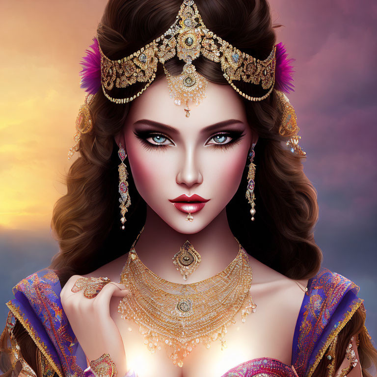 Illustrated portrait of a woman with blue eyes in gold jewelry against dusky sky.