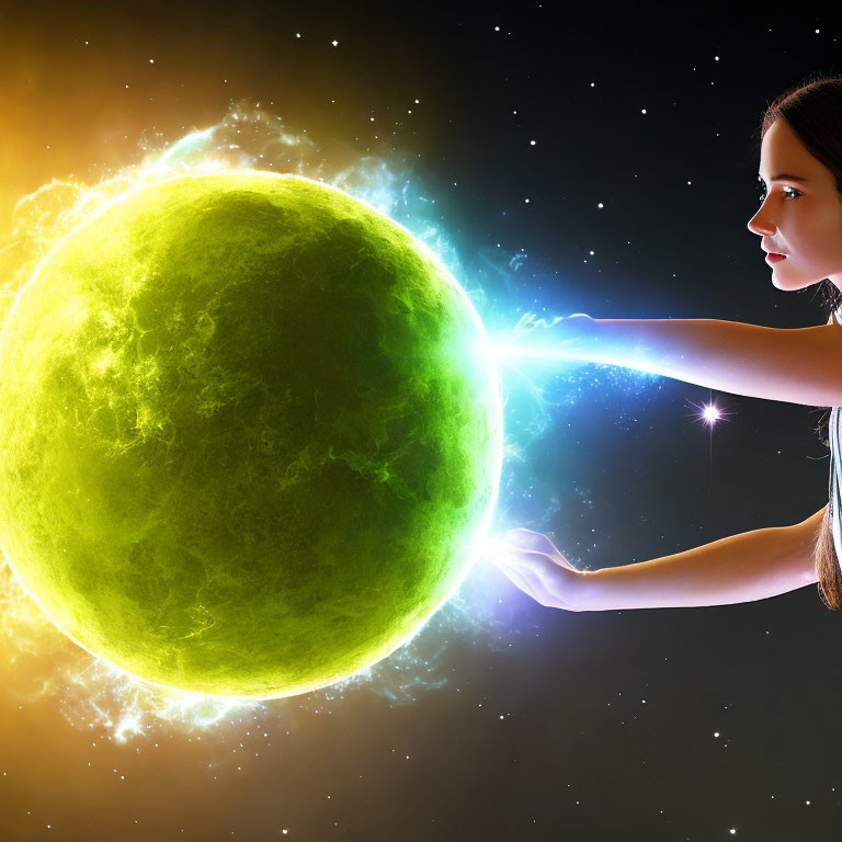 Woman touching glowing green planet in cosmic space scene