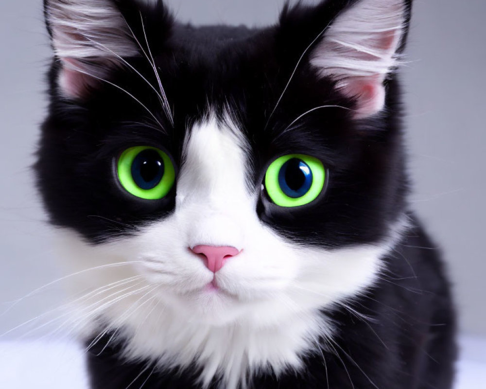 Black and White Cat with Green Eyes and Pink Nose on Grey Background