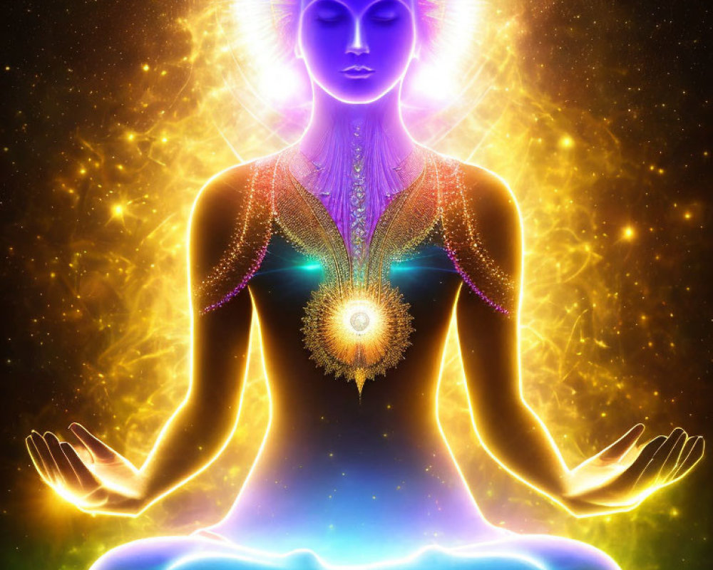 Colorful Illustration of Meditative Figure with Glowing Aura and Chakras