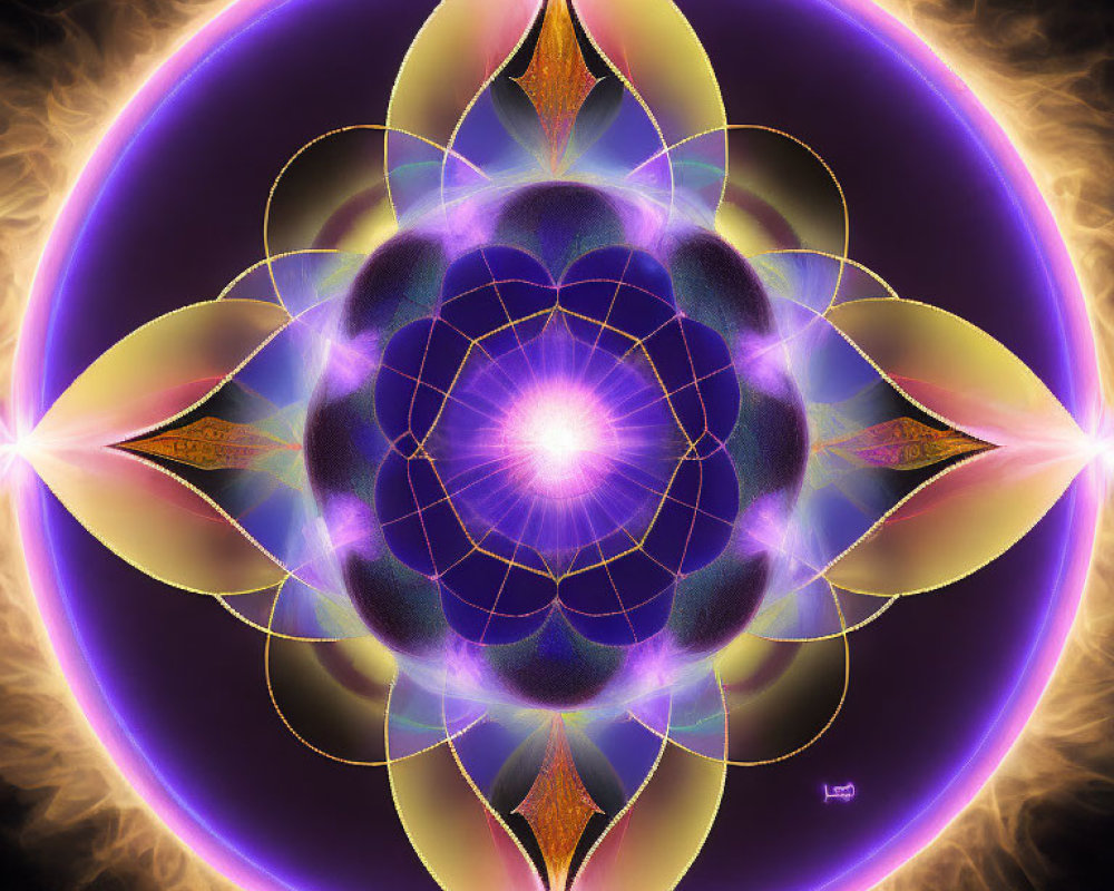Symmetrical fractal image with glowing lines, purple, blue, and orange color palette