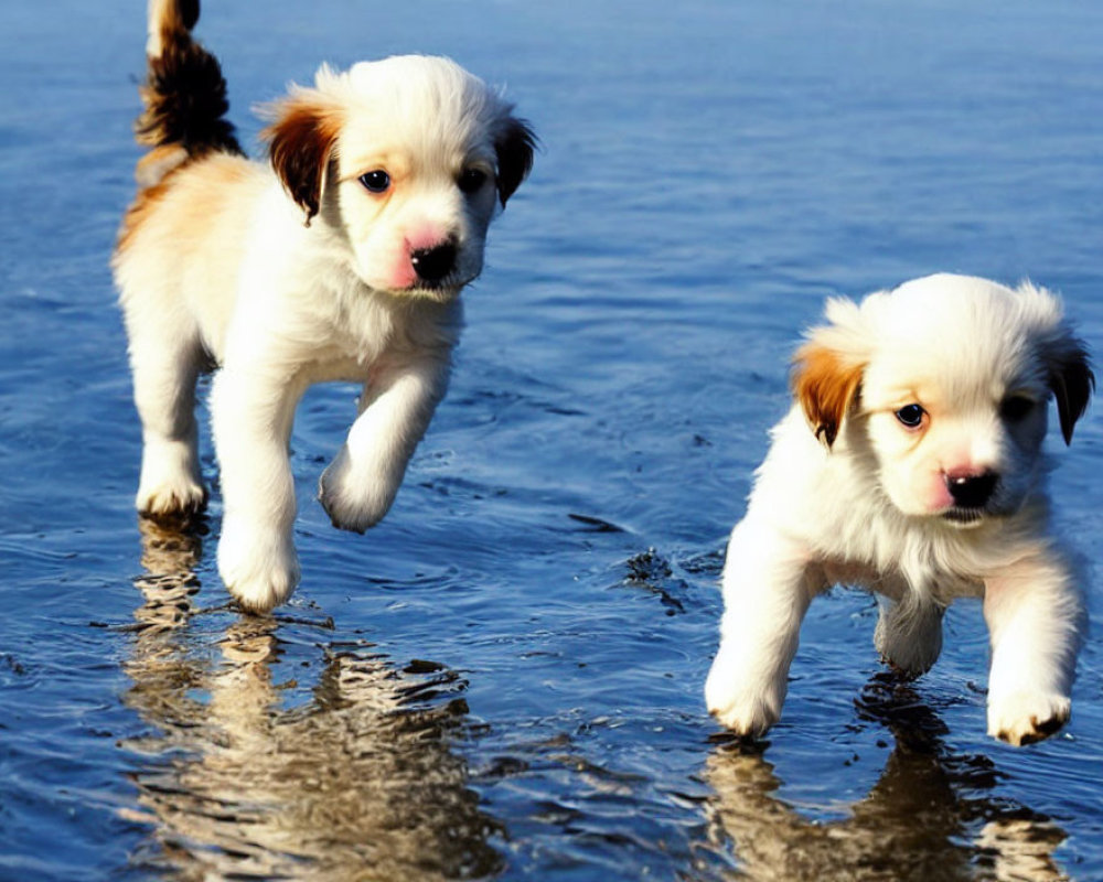 Two Playful Puppies Wading in Shallow Water