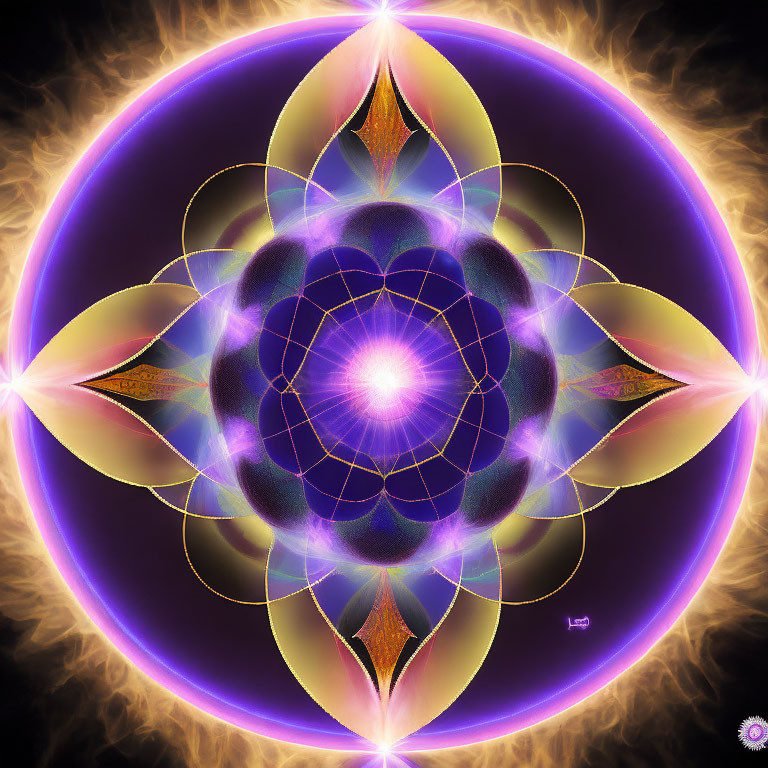 Symmetrical fractal image with glowing lines, purple, blue, and orange color palette