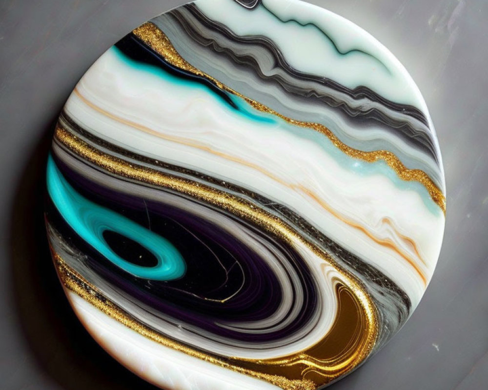 Polished Stone Slab with Swirling White, Black, Gold, and Turquoise Patterns