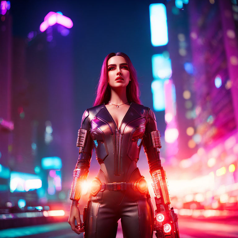 Futuristic woman in glowing black suit in neon-lit cityscape