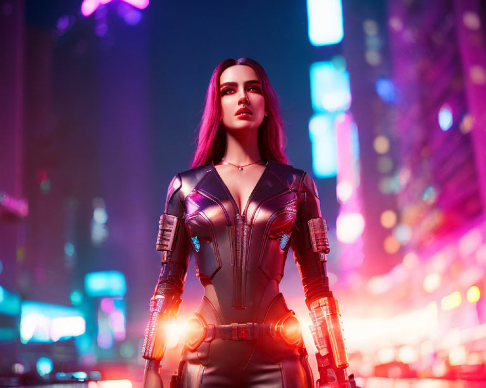 Futuristic woman in glowing black suit in neon-lit cityscape