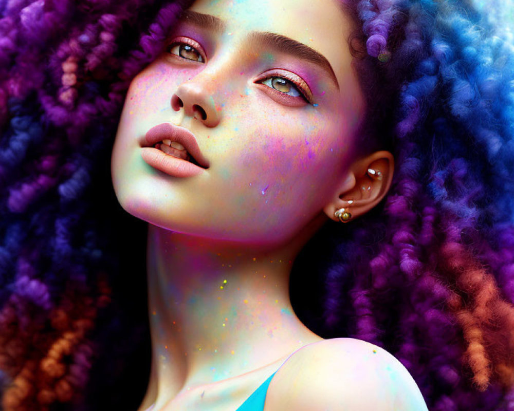 Vibrant woman with purple and blue curly hair and glitter makeup on colorful background