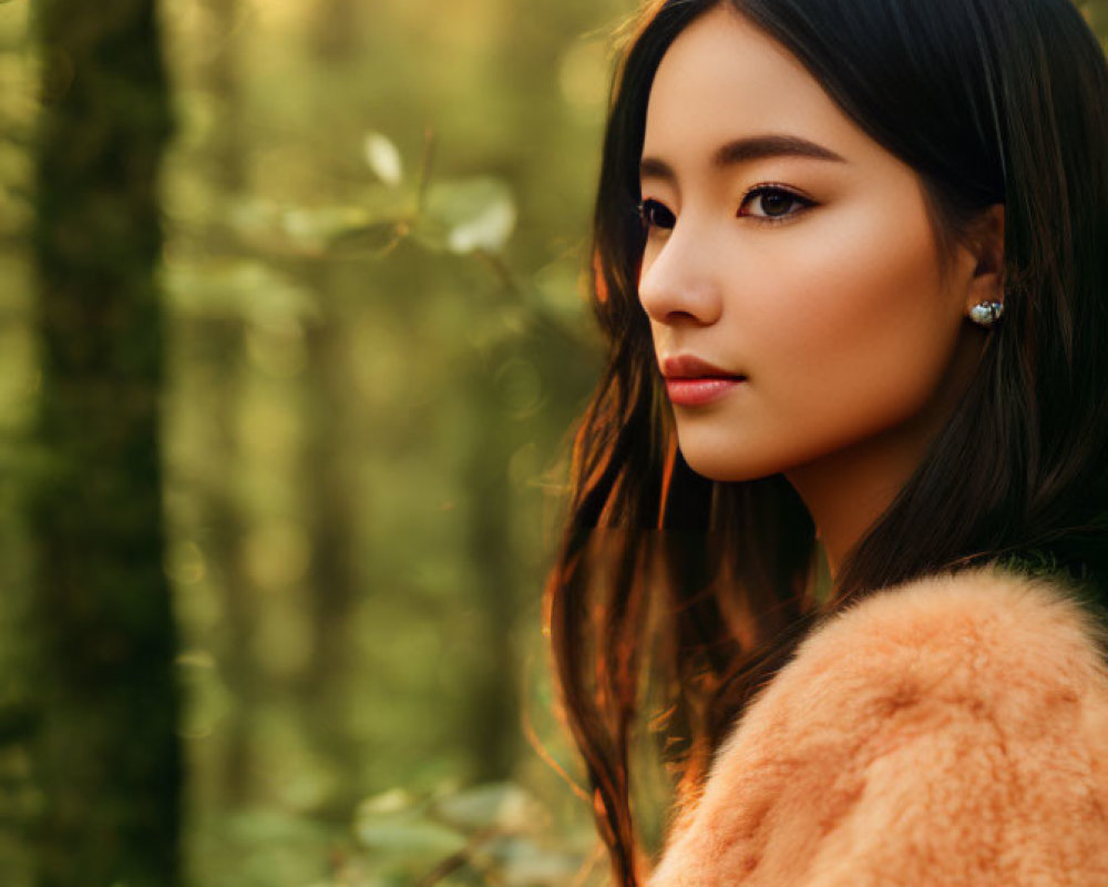 Dark-haired woman in orange fur coat gazes at sunlit forest