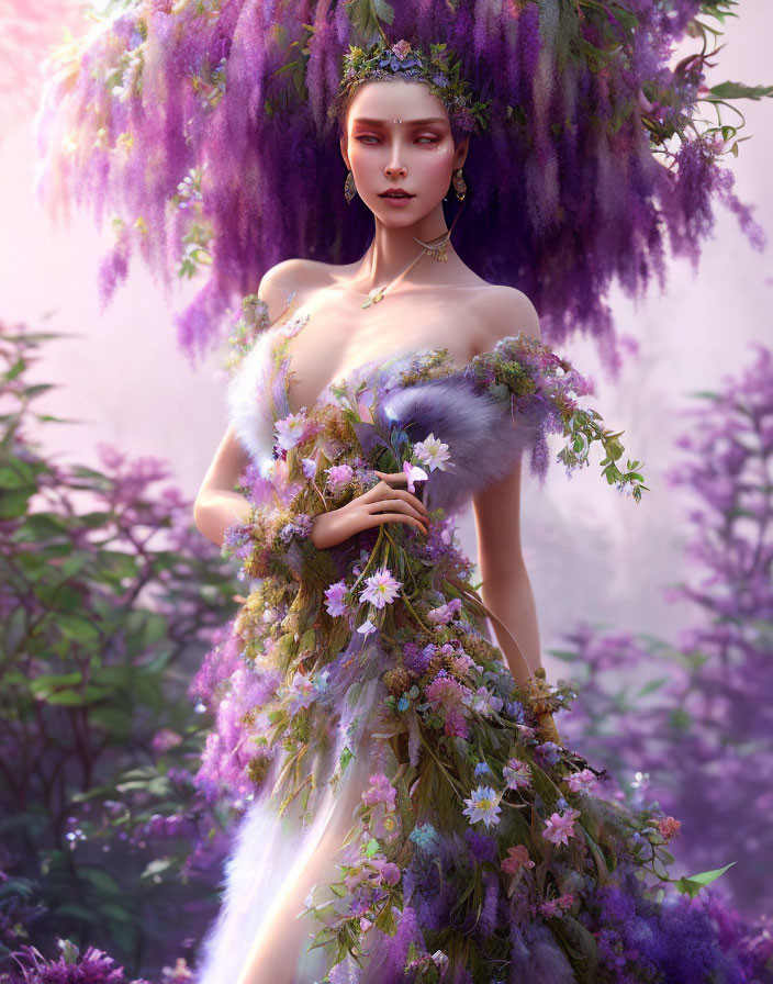 Regal figure in purple floral dress among lush foliage