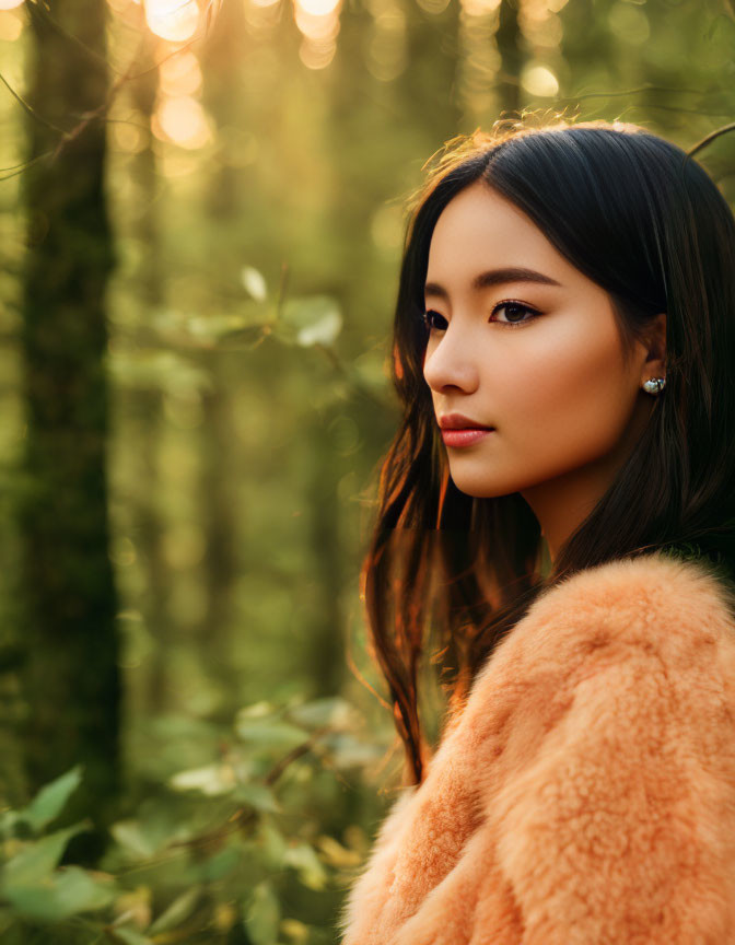 Dark-haired woman in orange fur coat gazes at sunlit forest