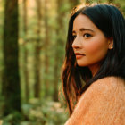 Dark-haired woman in orange fur coat gazes at sunlit forest