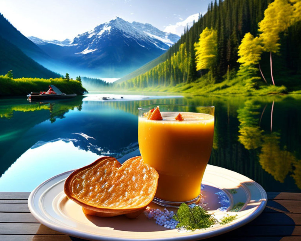 Orange Juice Glass & Strawberry Pastry by Tranquil Lake