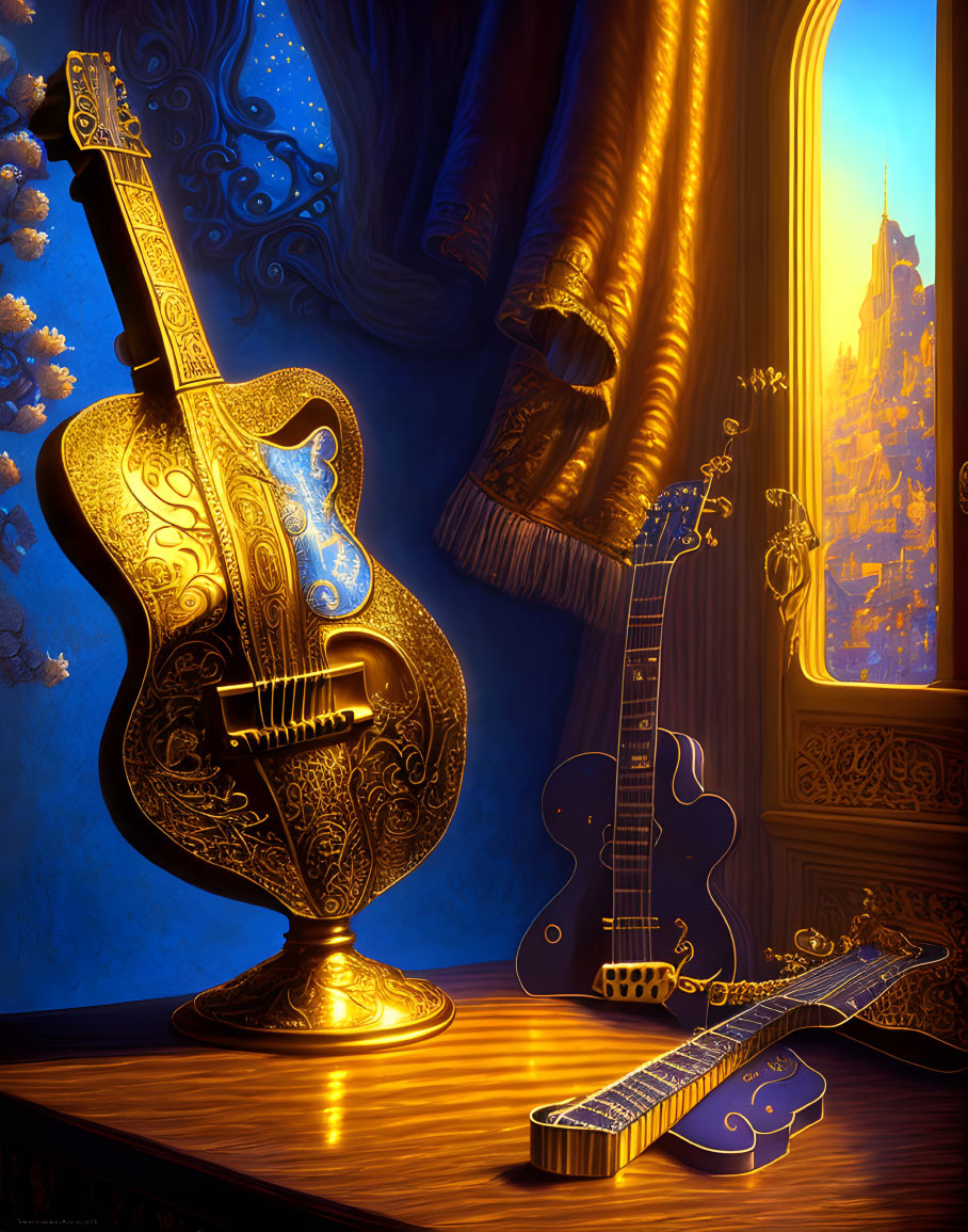 Ornately decorated guitars by window with castle view at sunset