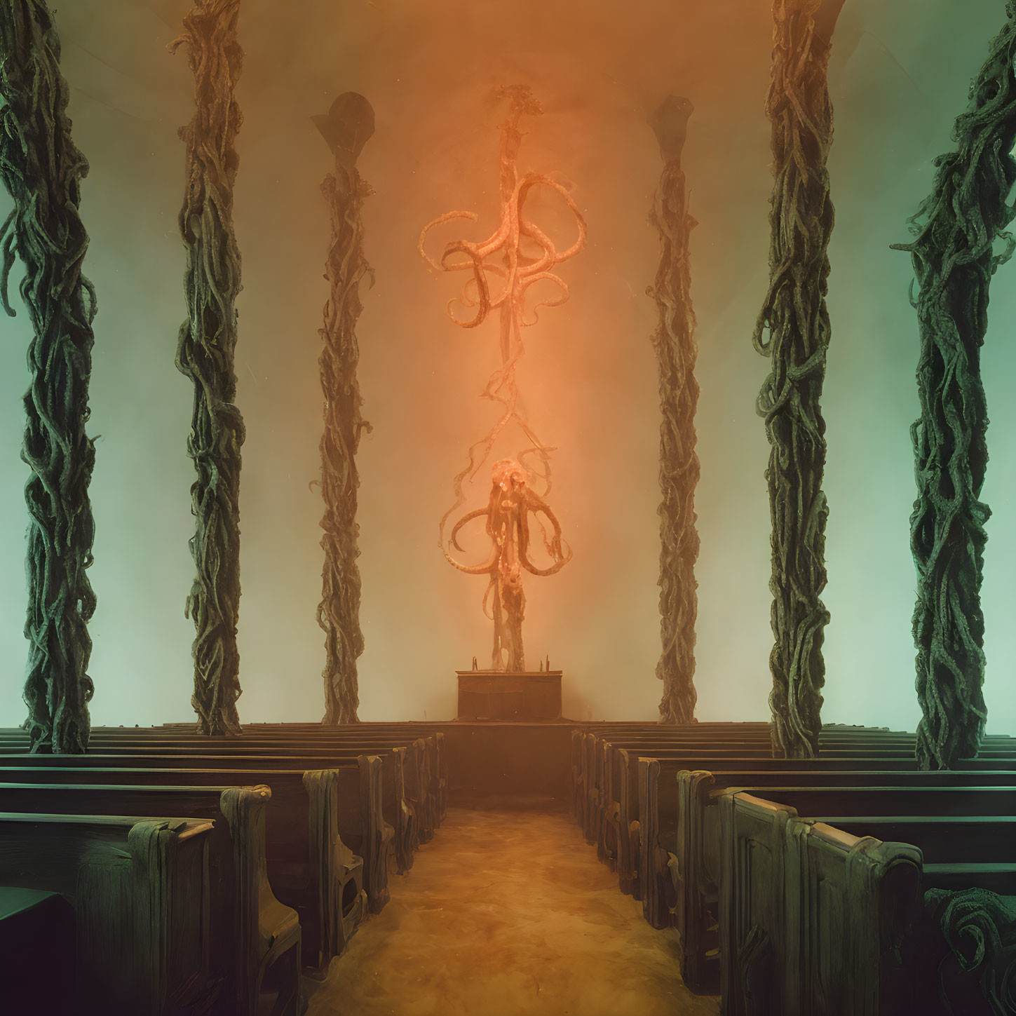 Dimly Lit Room with Glowing Symbol and Twisted Pillars