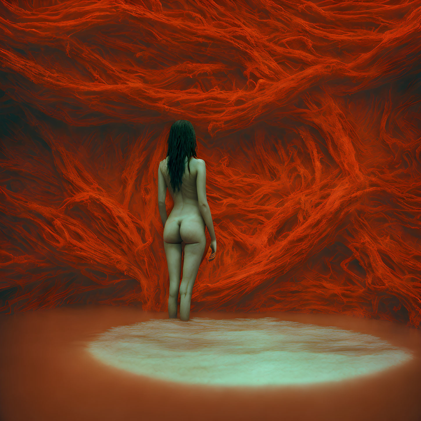 Dark-haired nude female figure against swirling red and orange backdrop