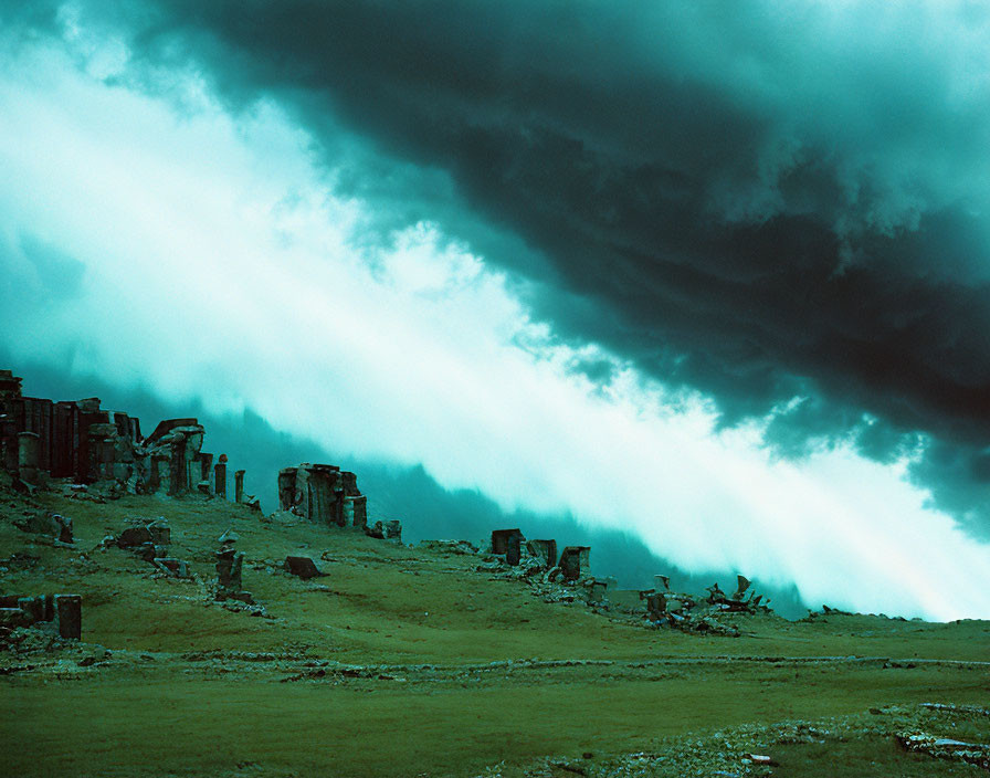 Dramatic scene: dark storm clouds over ruins under greenish sky