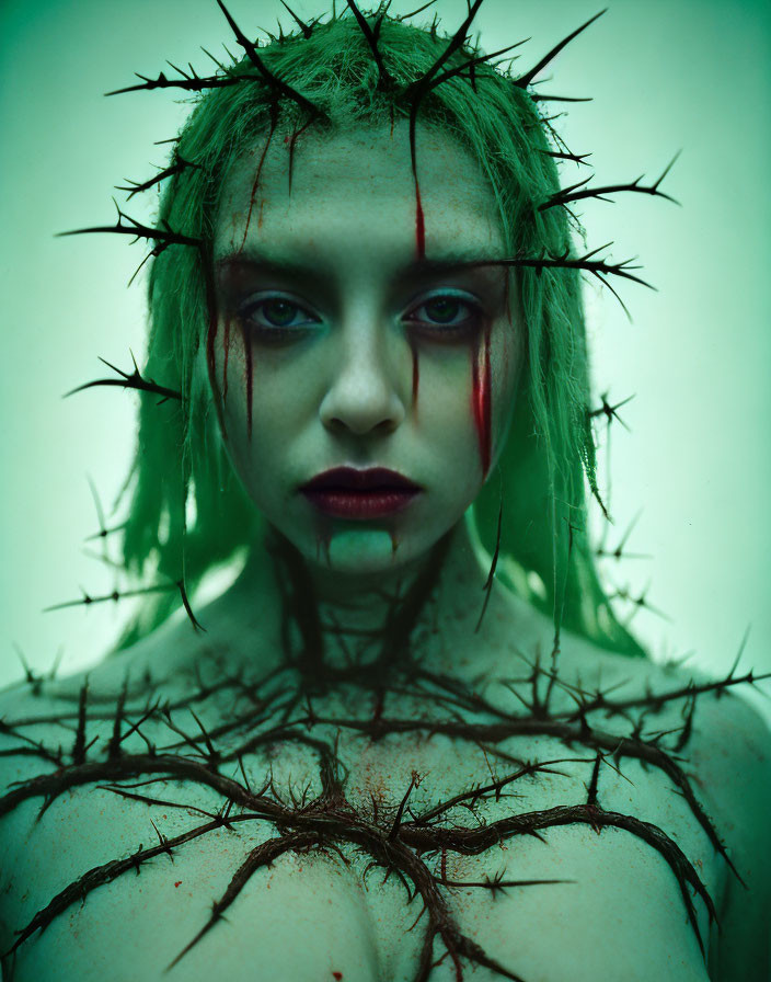 Person with Thorn Crown, Red Streaks, Green Hair, Intense Stare in Green Setting