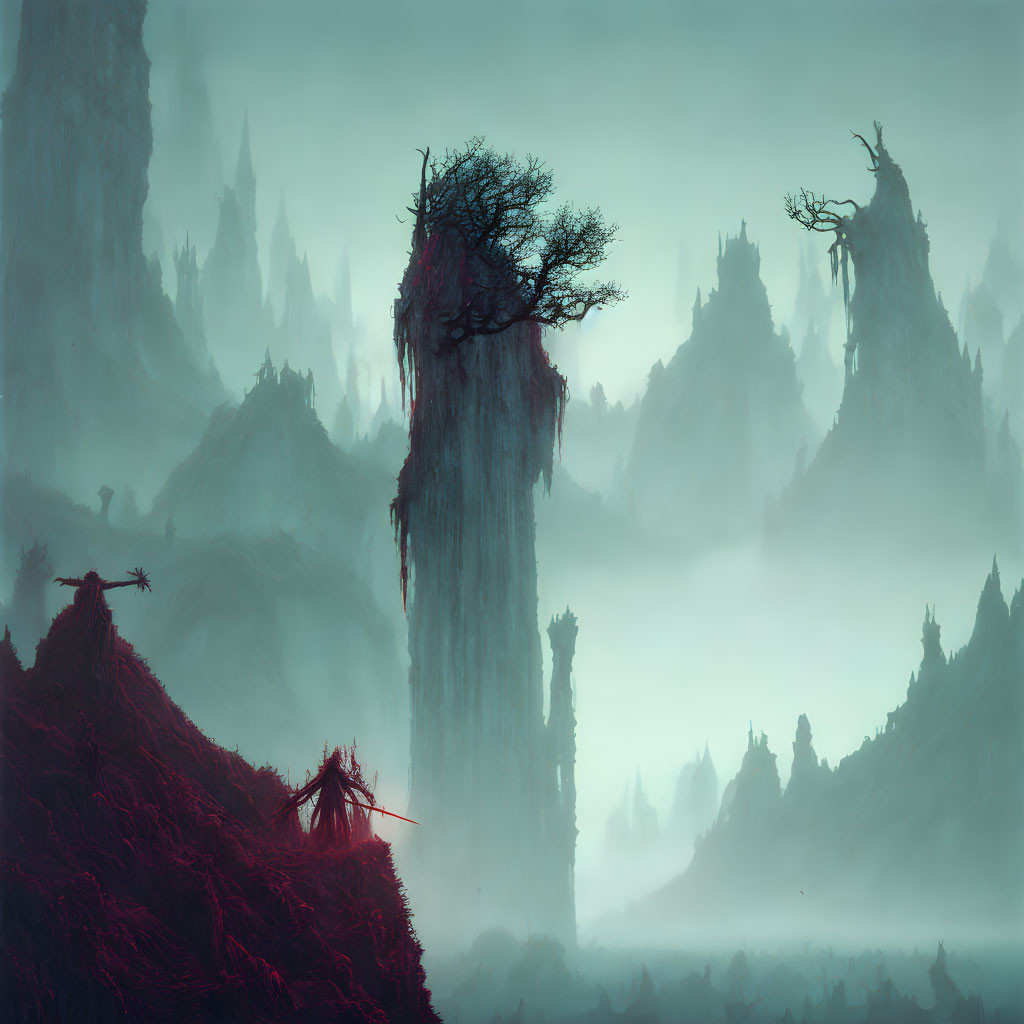 Mysterious landscape with mist-covered rock pillars and desolate atmosphere