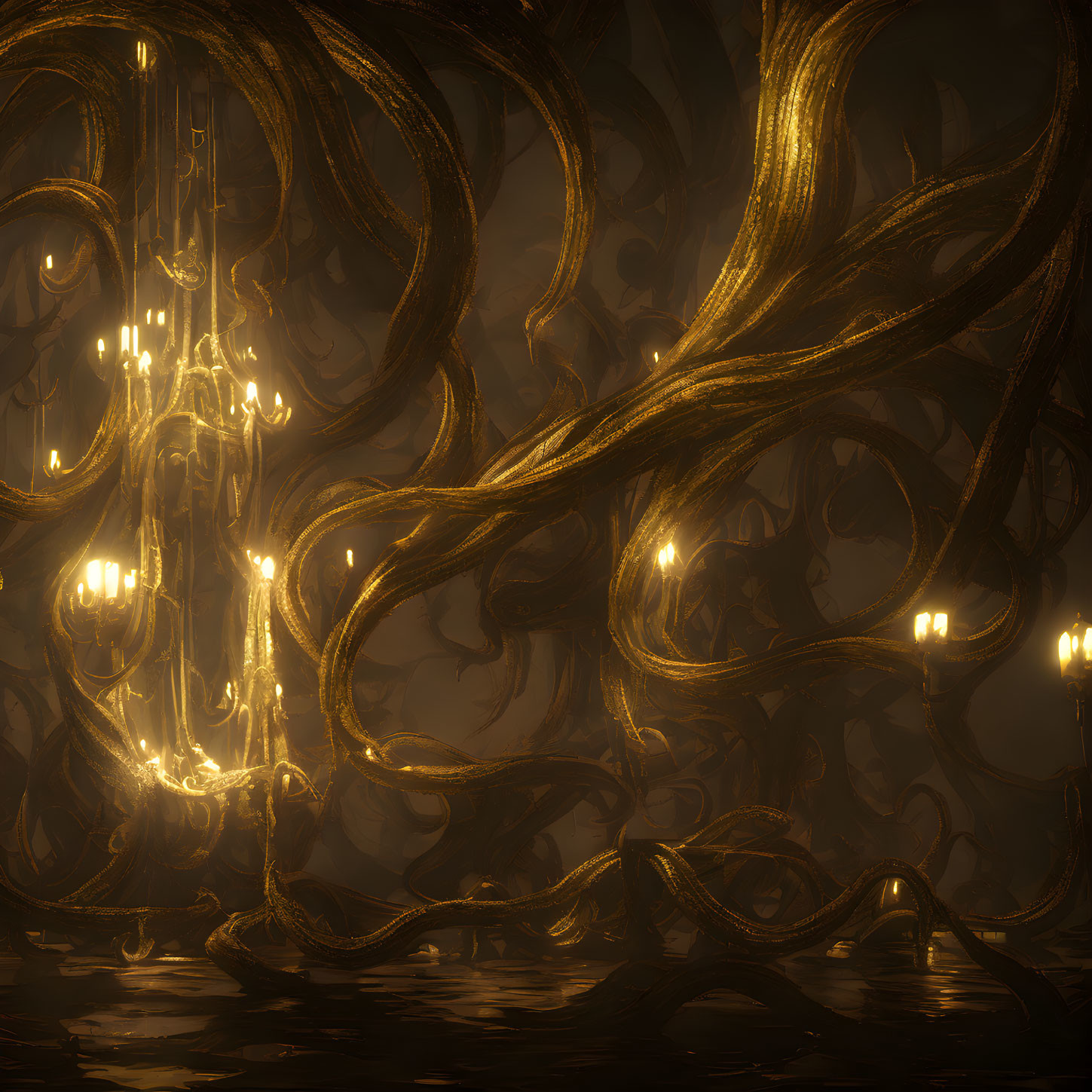 Glowing chandelier intertwined with tree roots in mystical setting