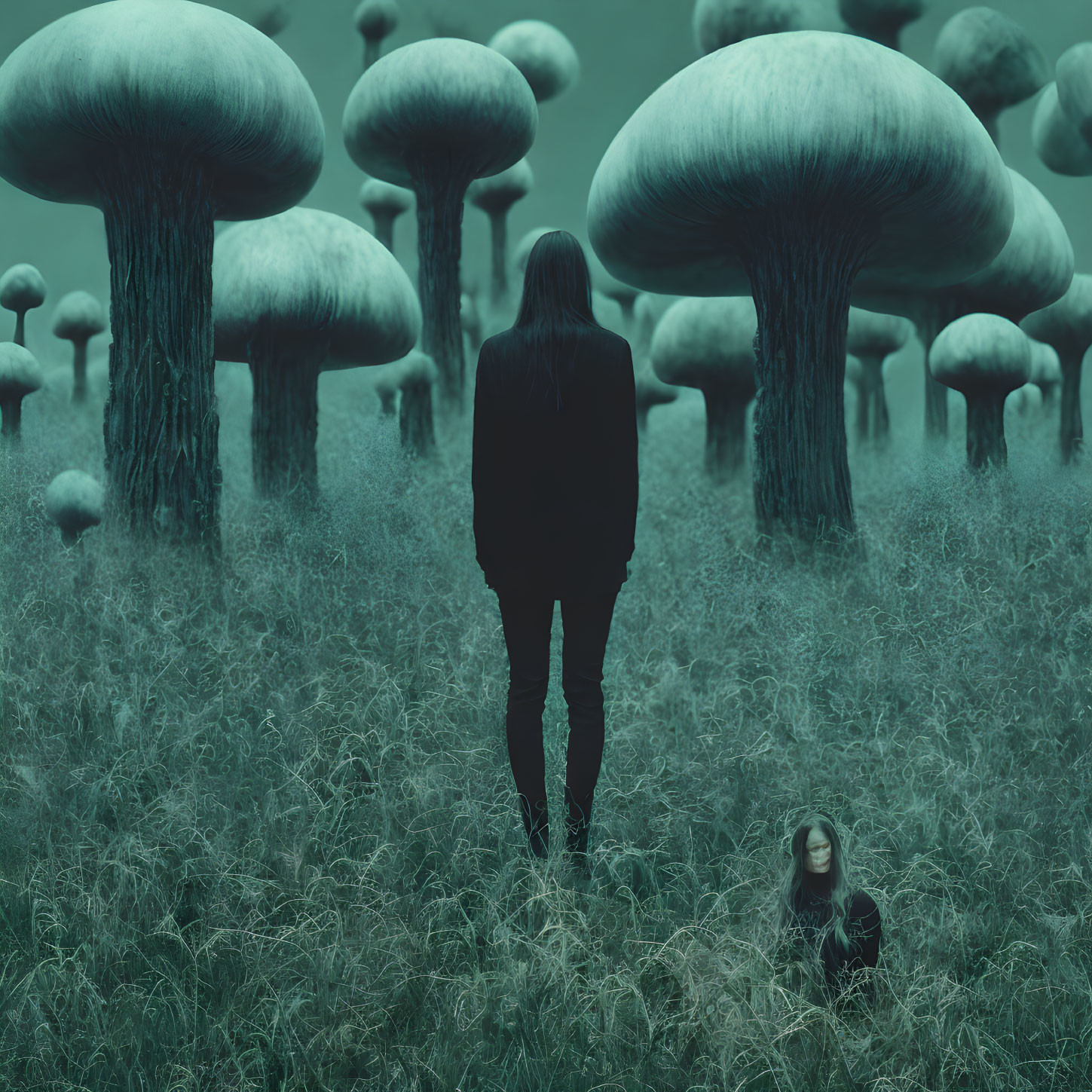 Two people in eerie, verdant landscape with giant mushroom-shaped structures