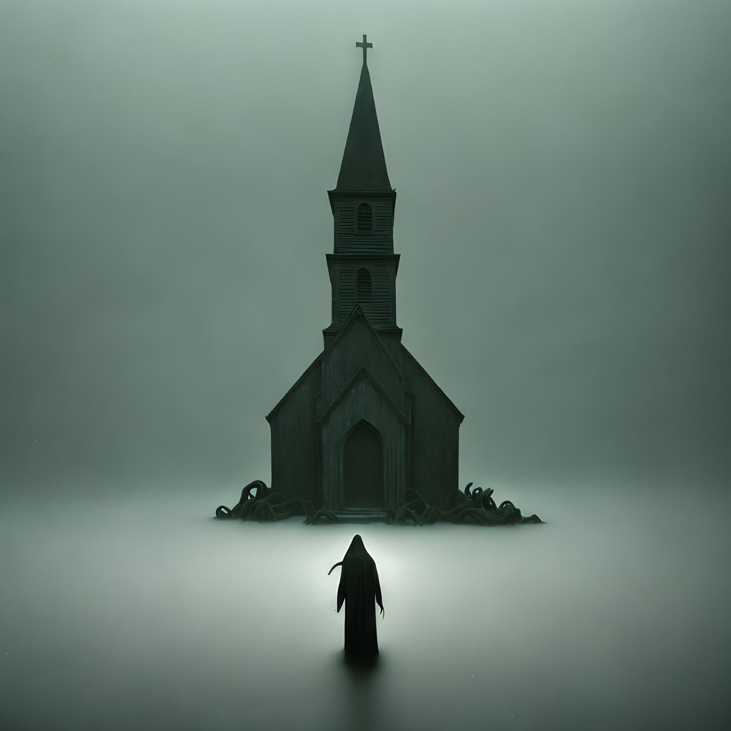 Mysterious figure at foggy church with dark tentacles under gloomy sky