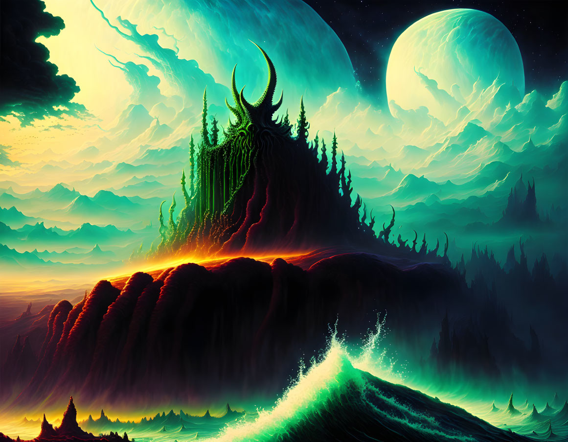 Fantastical landscape with glowing green island and towering spire