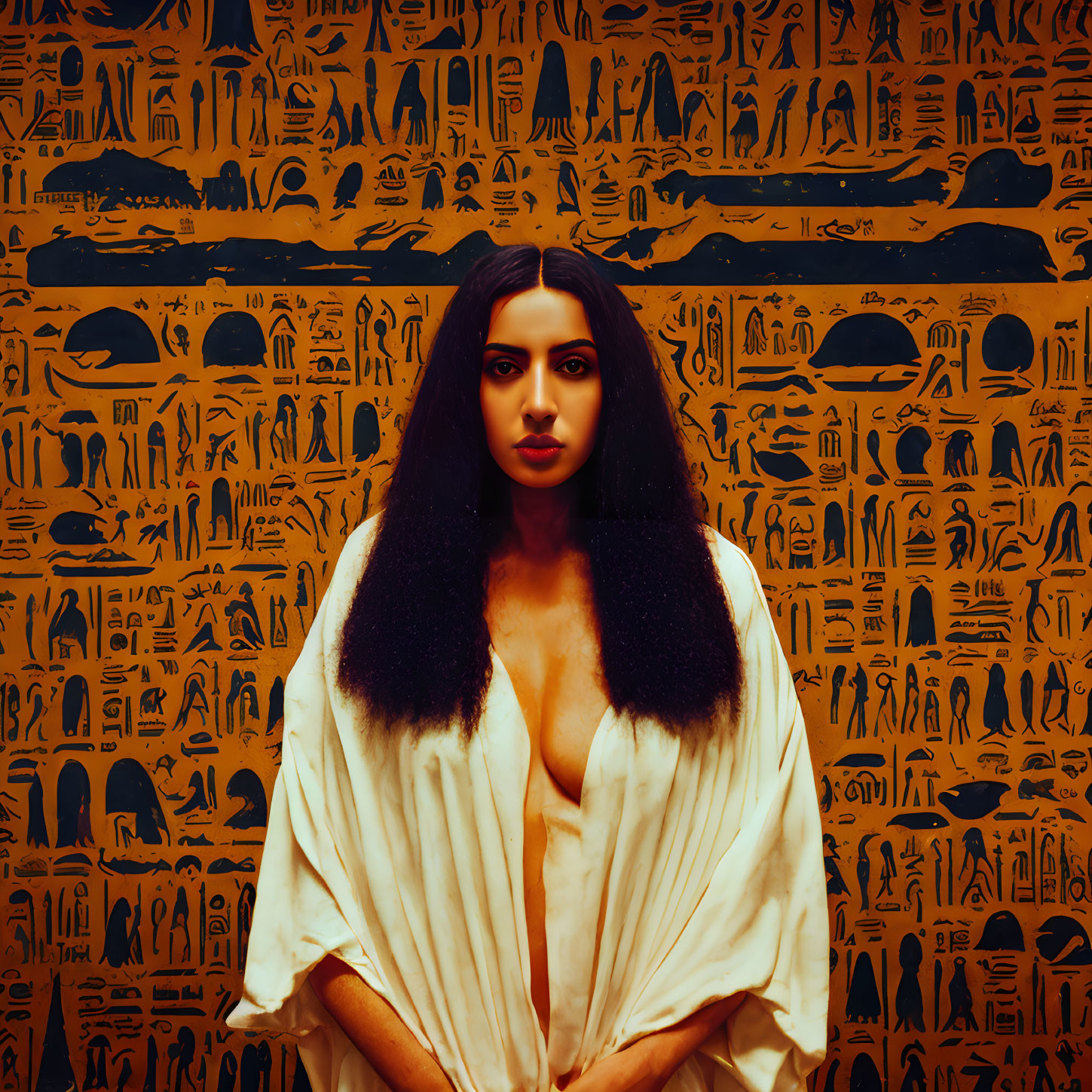 Long-haired woman in white garment against Egyptian hieroglyphics backdrop