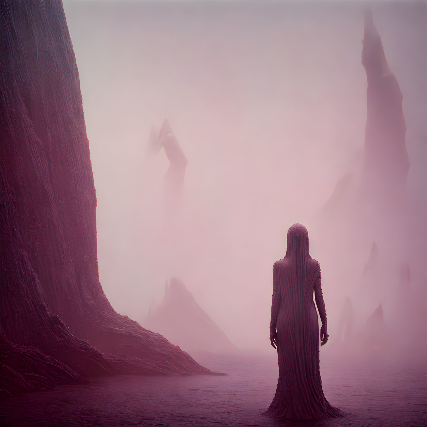 Solitary figure in flowing robe before misty alien landscape