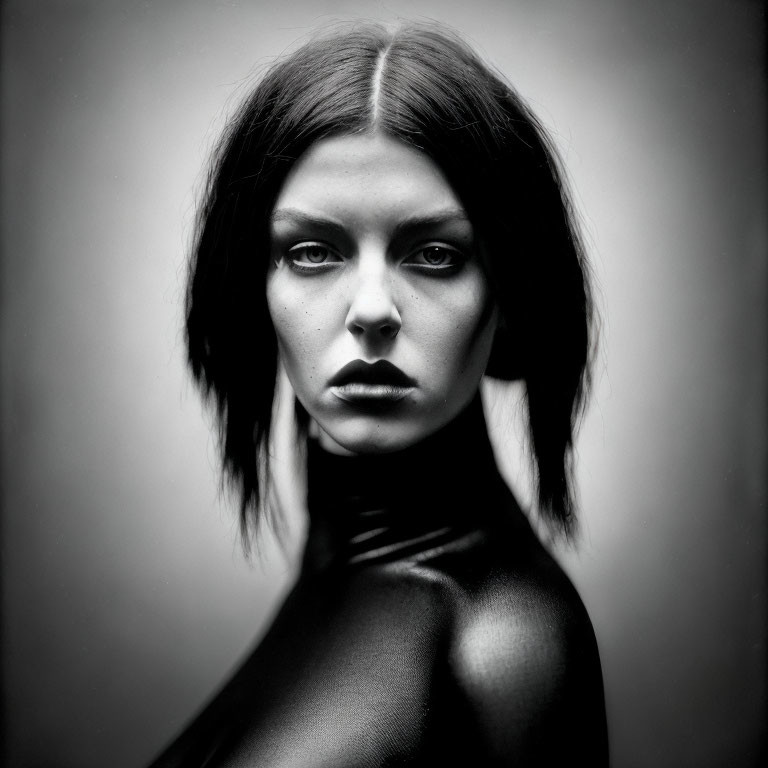 Monochrome portrait of woman with bob haircut and intense gaze