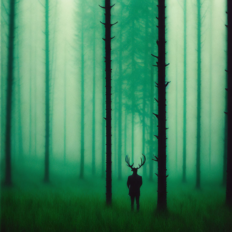 Silhouette of Moose in Misty Green Forest