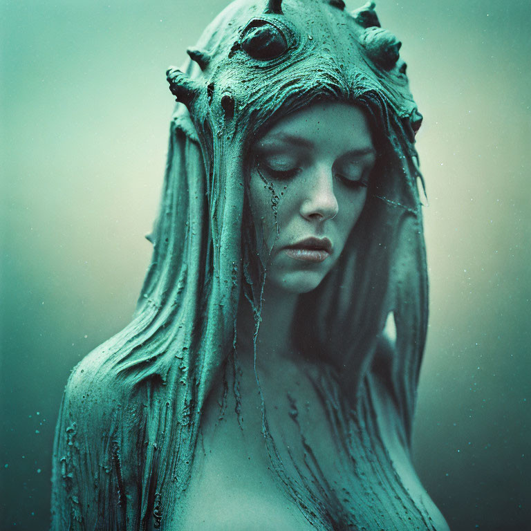 Serene person in textured sea-monster headpiece against misty backdrop