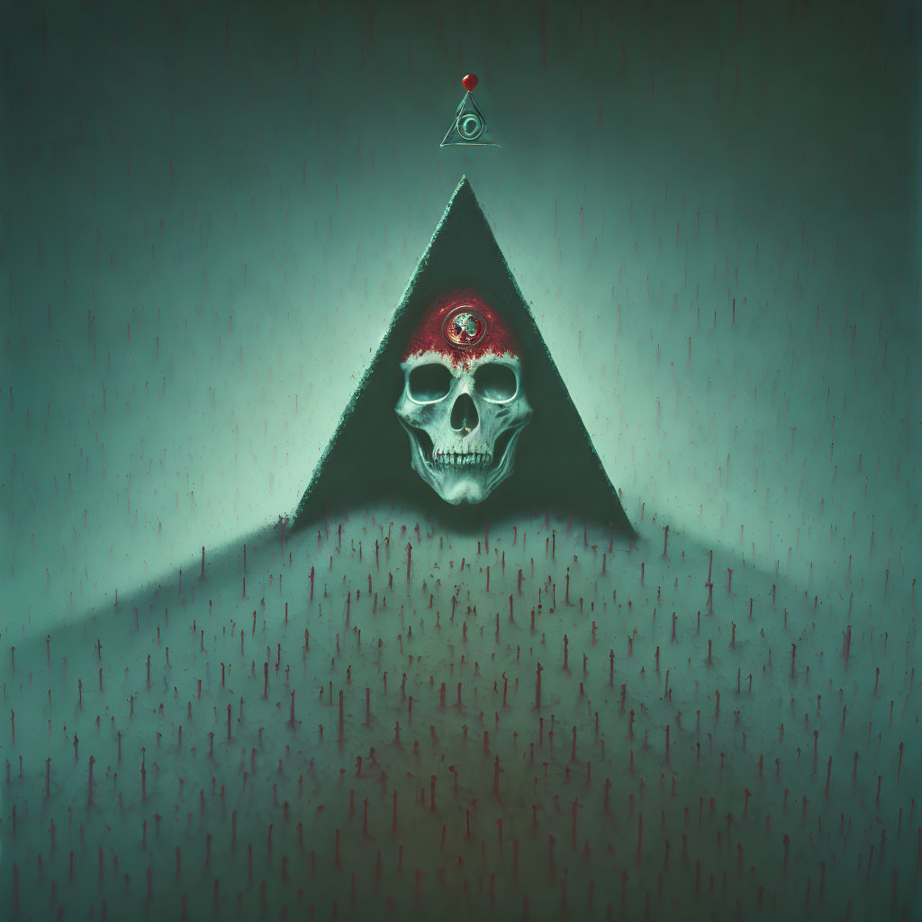 Skull with Red Glowing Eye in Illuminated Triangle Under All-Seeing Eye