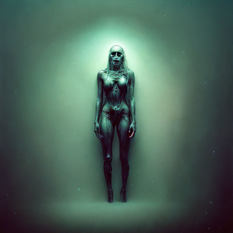 Detailed Stylized Humanoid Figure with Exposed Skeletal and Muscular System on Dark Background