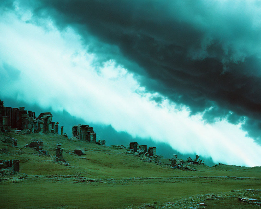 Dramatic scene: dark storm clouds over ruins under greenish sky