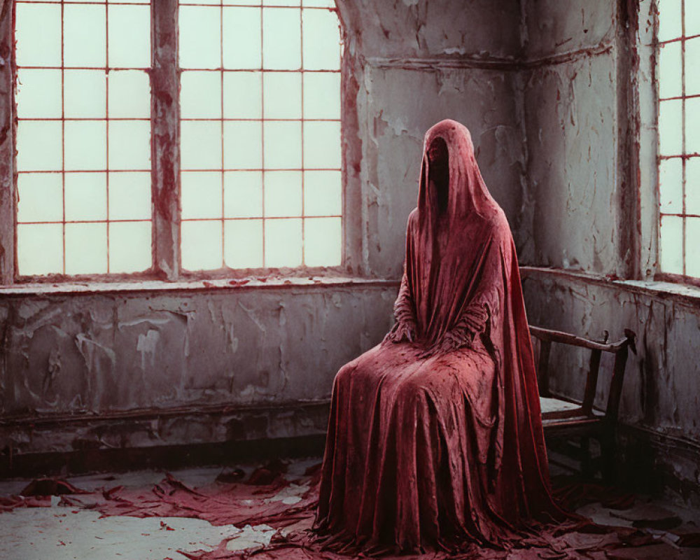 Solitary figure in red cloak in abandoned room with arched windows