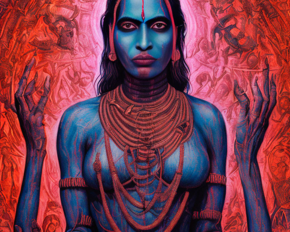 Blue-skinned person adorned with traditional jewelry against intricate red background.