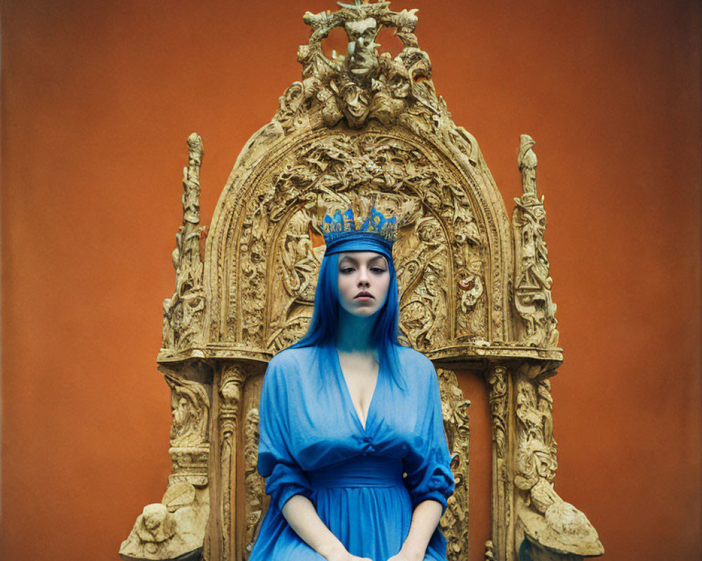 Woman in Blue Dress and Crown on Golden Throne Against Orange Backdrop