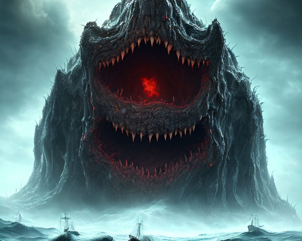 Gigantic sea monster with sharp teeth in stormy waters