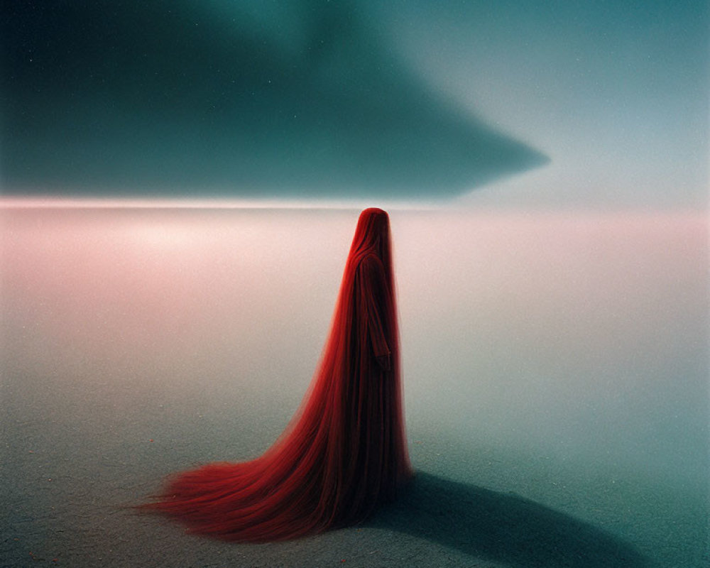 Long Red-Haired Figure on Serene Dusky Beach with Dark Clouds