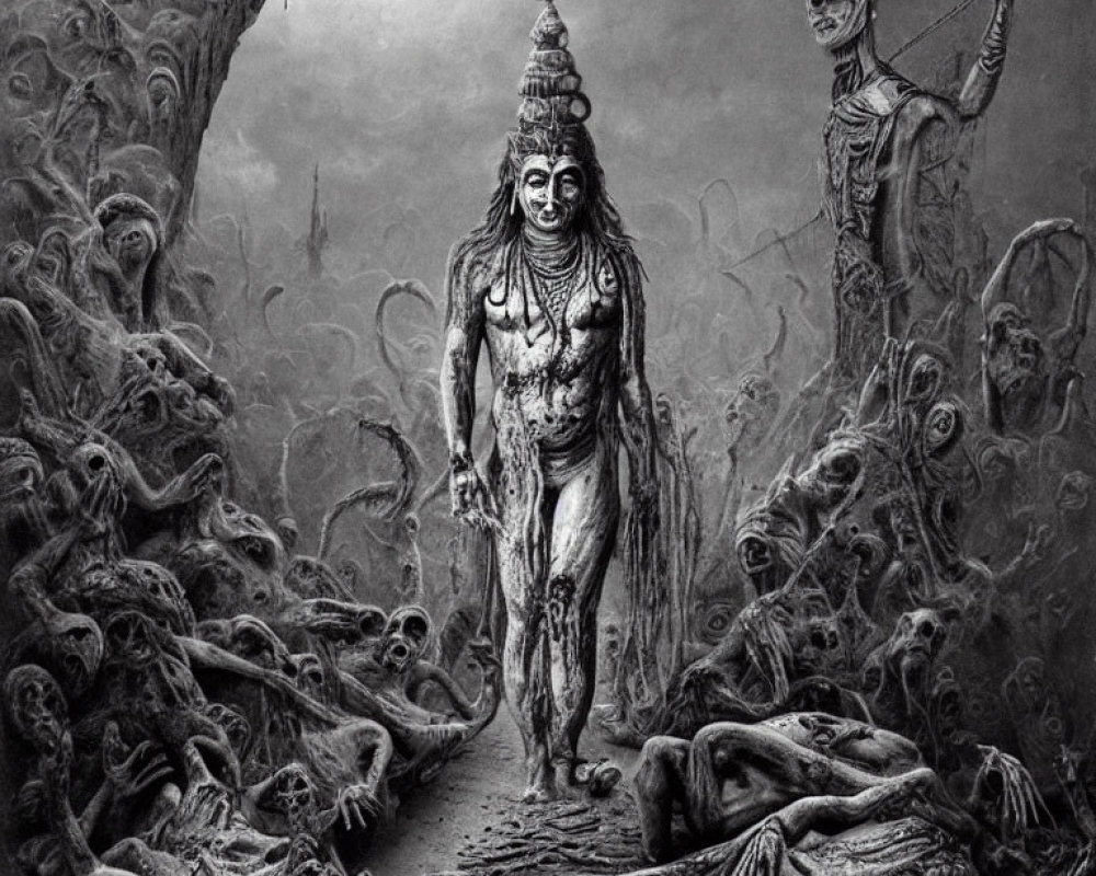 Monochrome fantasy art of mystical figure with multiple arms and skeletal entity in twisted landscape