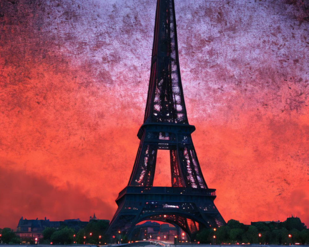 Iconic Eiffel Tower silhouette at sunset over calm water