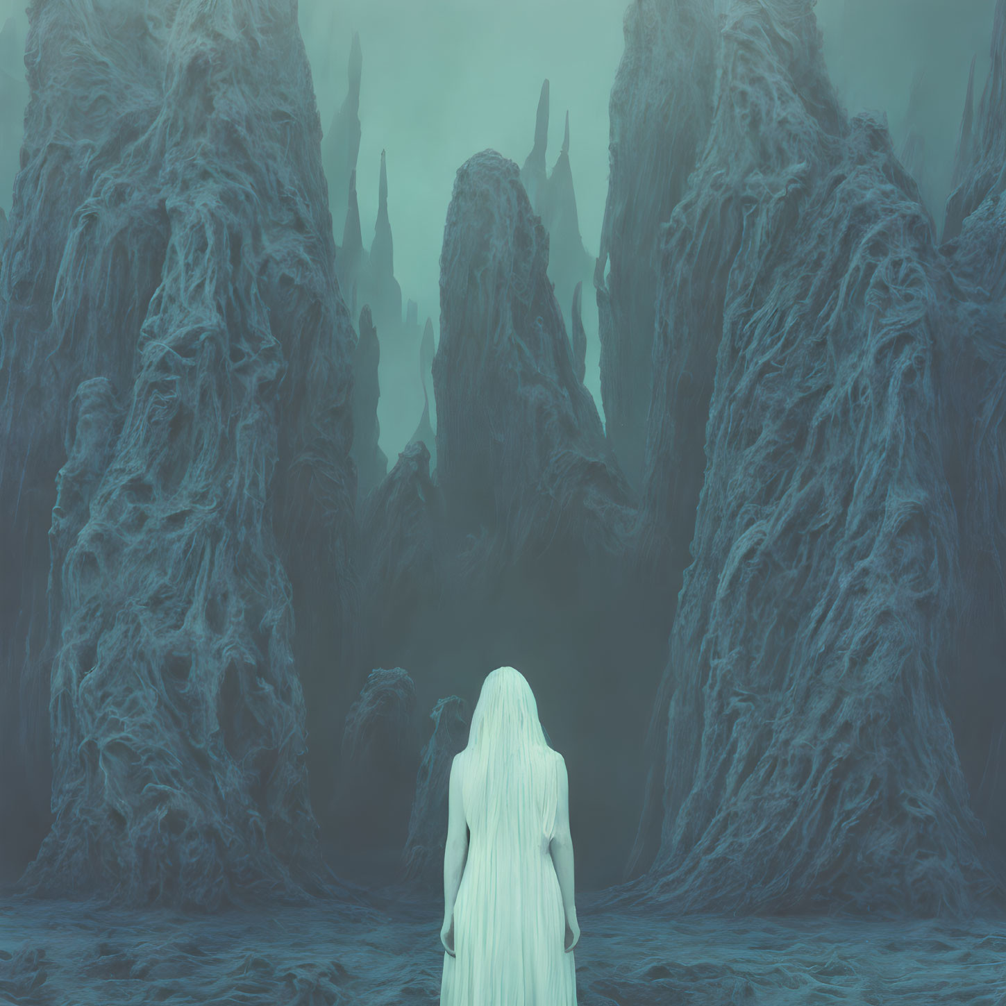 Long White-Haired Person in Surreal Misty Landscape