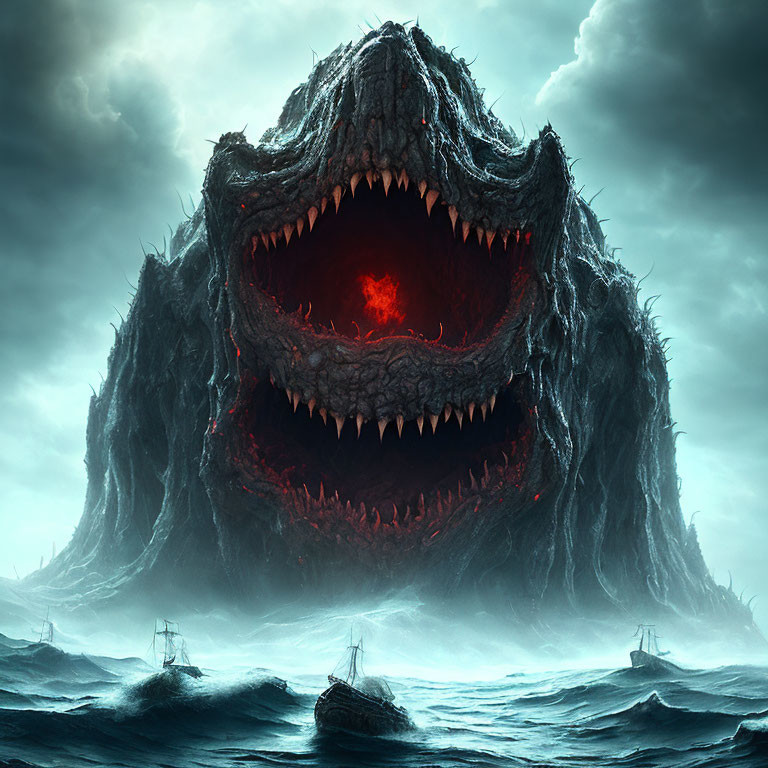 Gigantic sea monster with sharp teeth in stormy waters