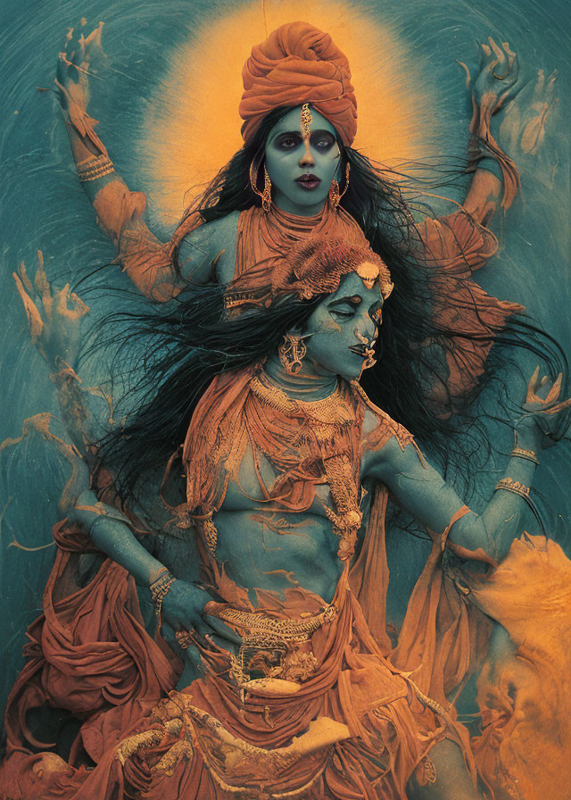 Blue-skinned figure in Indian attire with flowing fabrics and dynamic hair against teal backdrop