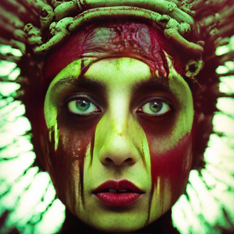 Striking green eyes and colorful, tribal makeup with textured headdress