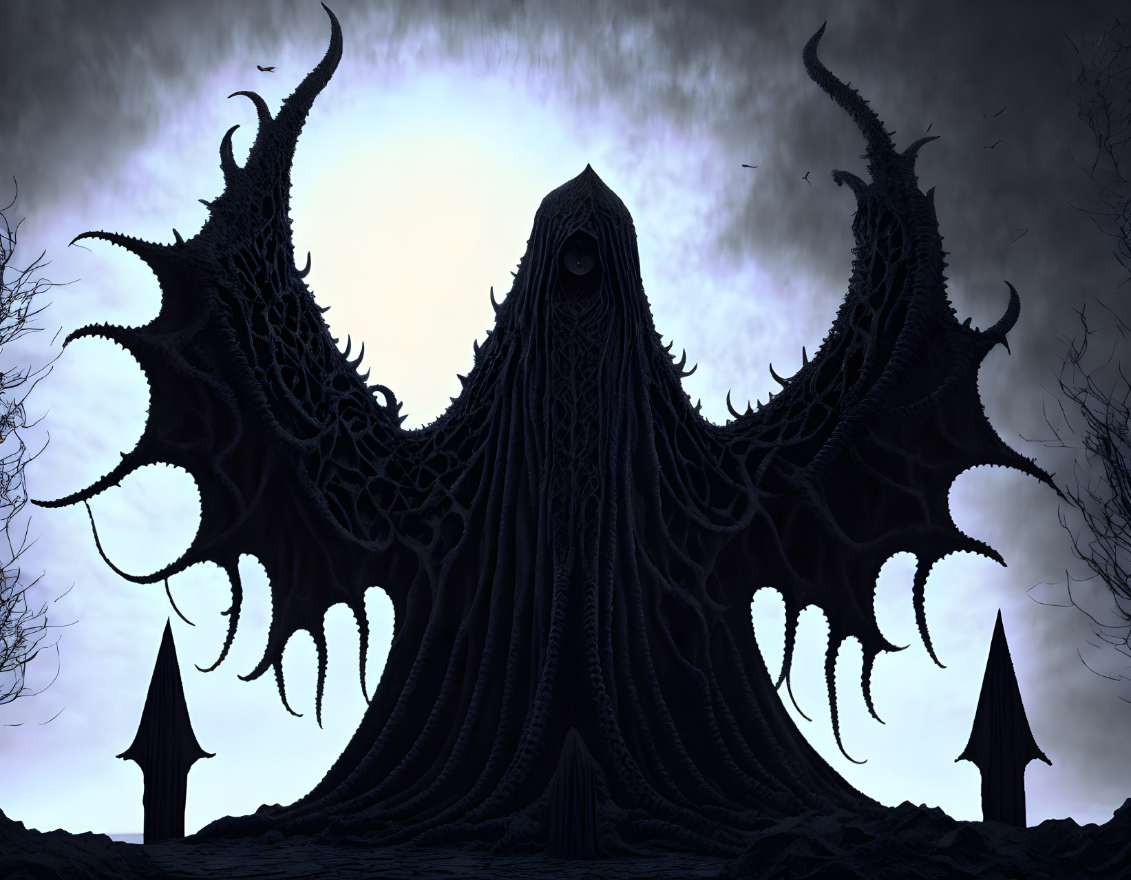 Monstrous tentacled creature silhouette under dark sky