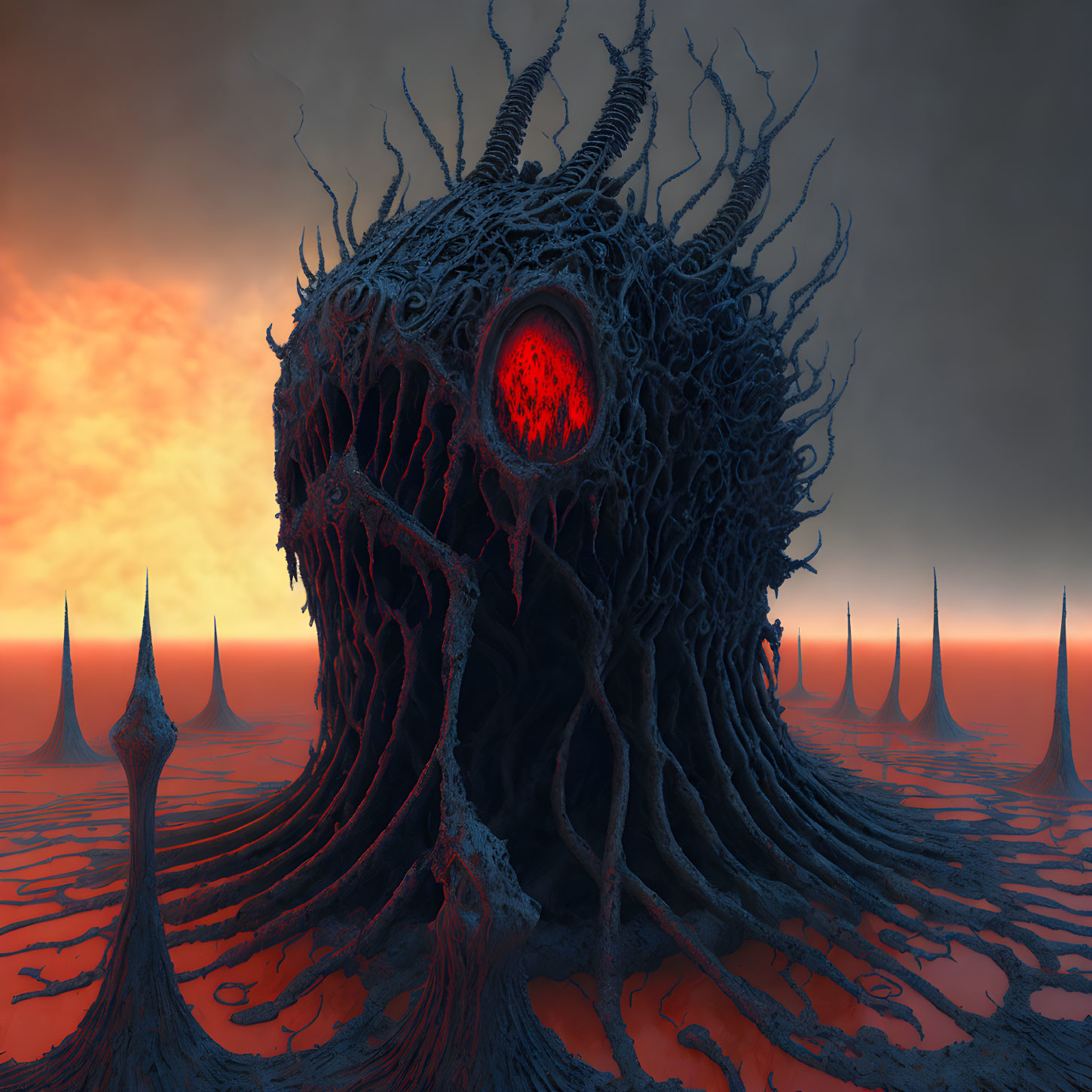 Monstrous entity with tentacles and red eye in surreal landscape