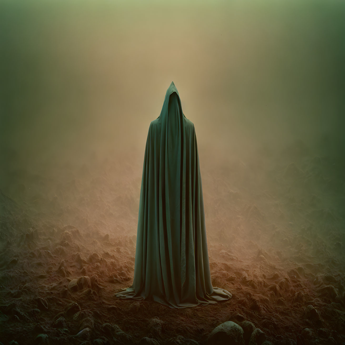 Mysterious figure in cloak in foggy landscape